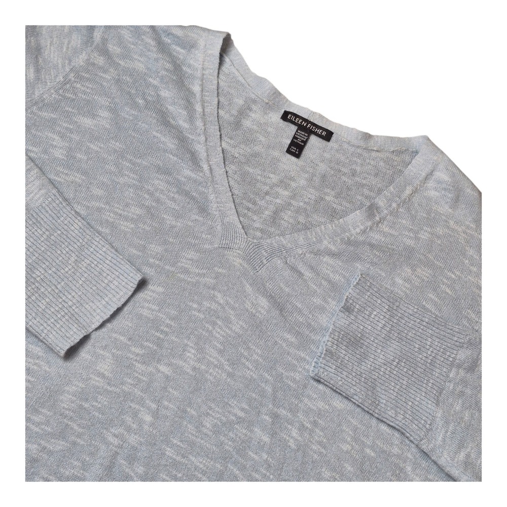 Eileen Fisher Womens Large Blue Organic Linen Cotton V Neck Sweater Top
